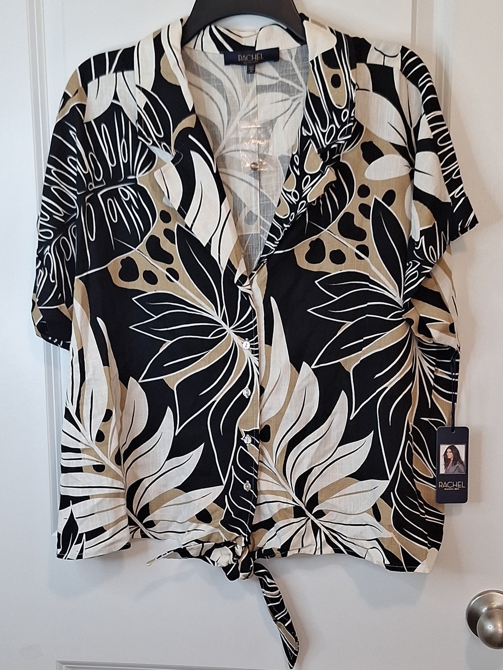Rachel Black Cream & Tan Tie-Front Tropical Button-Down Shirt Size 1X